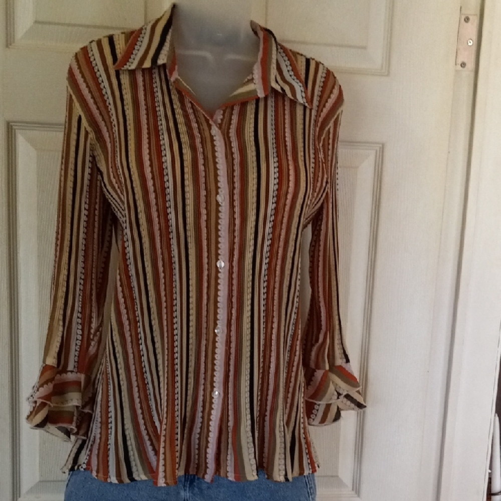 Essentials by Milano Brown and Orange Notched Collar Button Down Shirt SZ.L